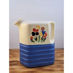 Vtg Distressed Circus Floral Camwood Ivory Pottery Pitcher Farm House Vase Decor